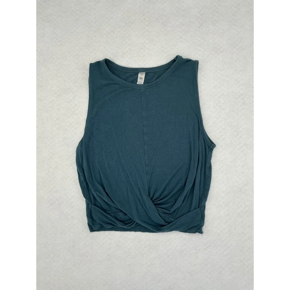 Alo Yoga Tank Top Women XS Teal Blue Front Twist Cropped Sleeveless Activewear